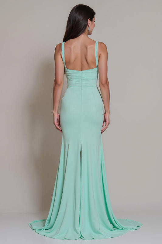 Mint Green Satin Spaghetti Straps Mermaid Long Bridesmaid Dress with Slit