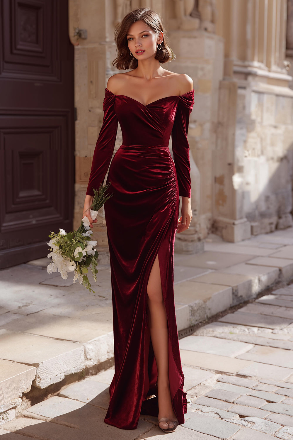 Zapakasa Women Burgundy Velvet Mermaid Long Bridesmaid Dress Off the Shoulder Long Sleeves Wedding Guest Dress Zapakasa Women Burgundy Velvet Mermaid Long Bridesmaid Dress Off the Shoulder Long Sleeves Wedding Guest Dress