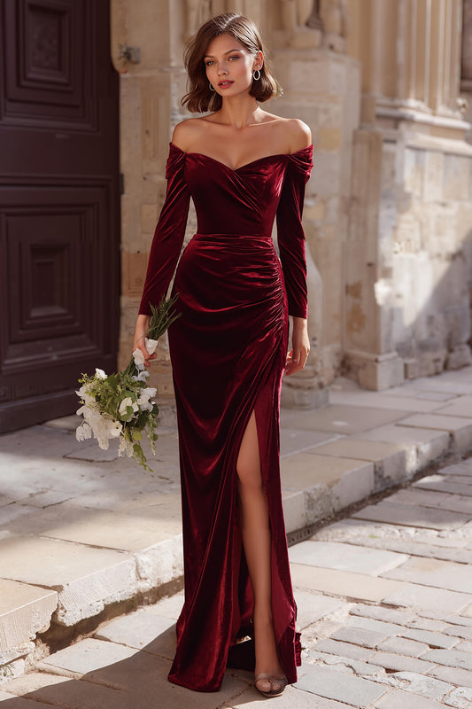 Burgundy Off the Shoulder Velvet Mermaid Long Bridesmaid Dress with Sleeves