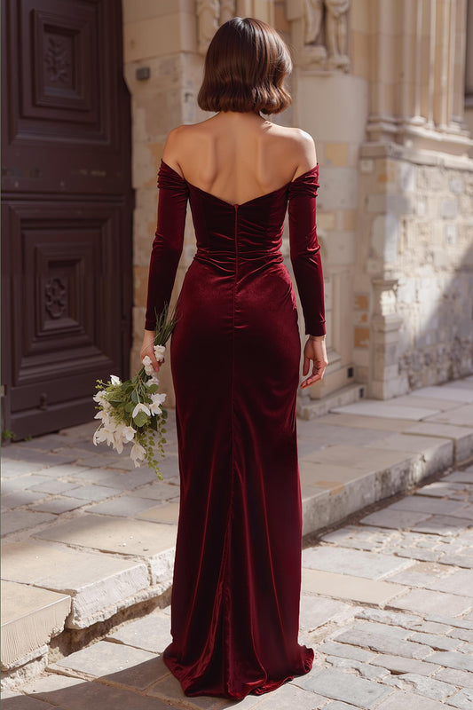 Burgundy Off the Shoulder Velvet Mermaid Long Bridesmaid Dress with Sleeves