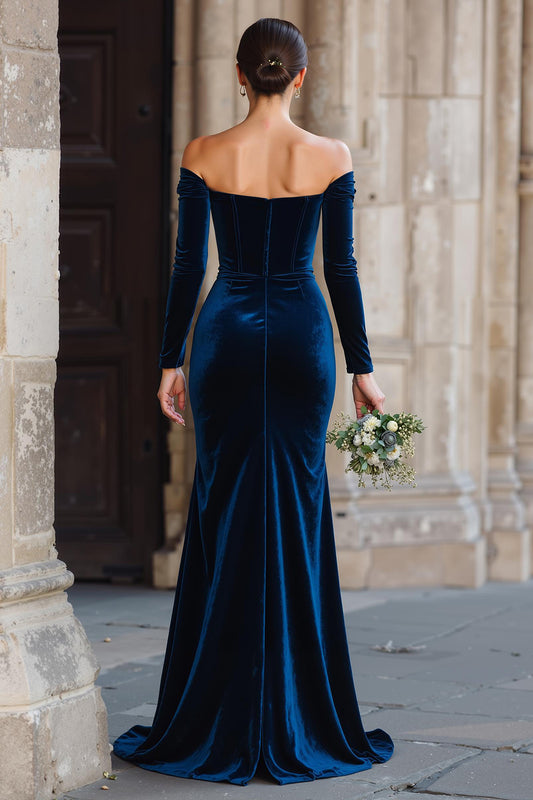 Navy Off the Shoulder Velvet Long Sleeves Mermaid Long Bridesmaid Dress with Slit