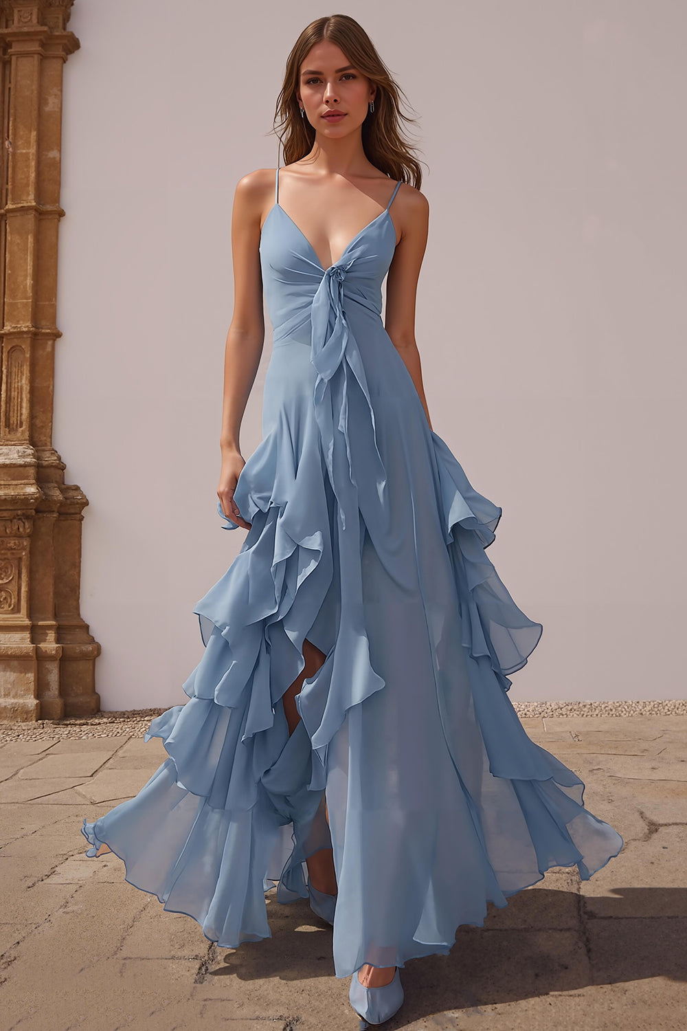 Zapaka Women Dusty Blue A Line Long Bridesmaid Dress with Slit Ruffled Spaghetti Straps Tiered Wedding Guest Dress, Grey Blue / US6 Zapaka Women Dusty Blue A Line Long Bridesmaid Dress with Slit Ruffled Spaghetti Straps Tiered Wedding Guest Dress, Grey Blue / US6