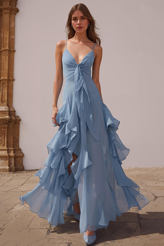 Dusty Blue Spaghetti Straps Chiffon A-Line Long Bridesmaid Dress with Ruffles