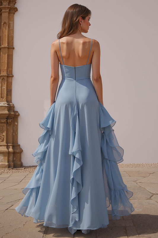 Dusty Blue Spaghetti Straps Chiffon A-Line Long Bridesmaid Dress with Ruffles