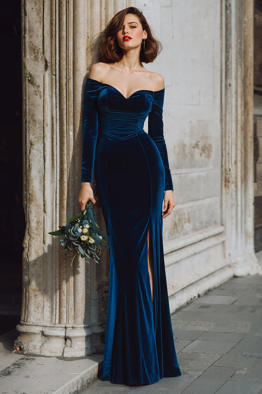 Dark Blue Off the Shoulder Velvet Long Sleeves Mermaid Long Bridesmaid Dress with Slit