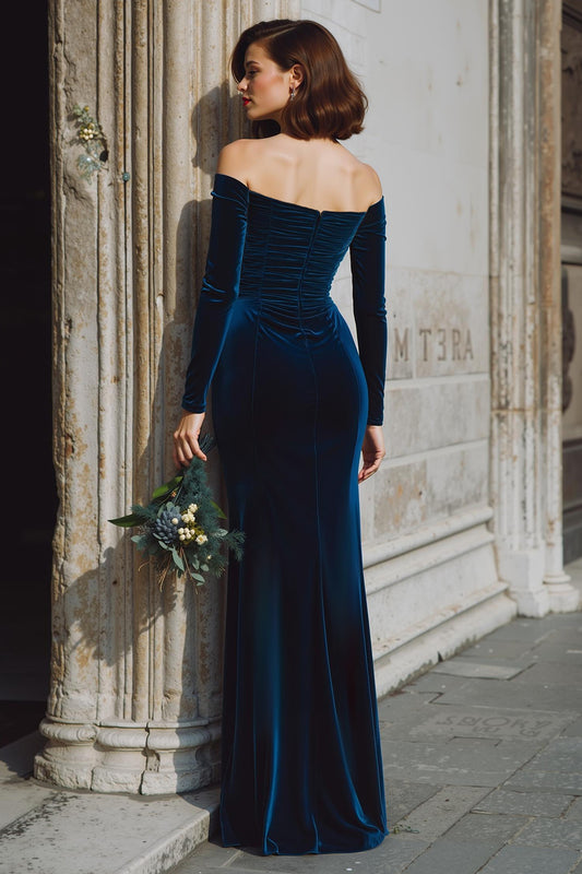 Dark Blue Off the Shoulder Velvet Long Sleeves Mermaid Long Bridesmaid Dress with Slit