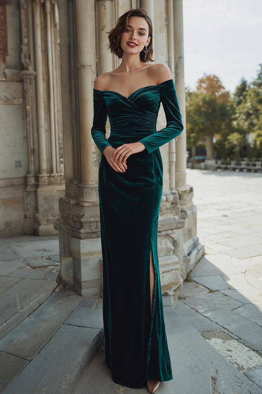 Dark Green Off the Shoulder Velvet Long Sleeves Mermaid Long Bridesmaid Dress with Slit