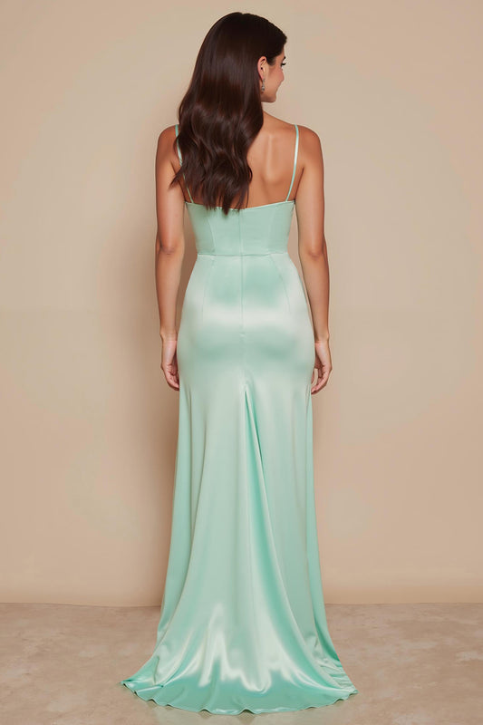 Mint Green Spaghetti Straps Mermaid Satin Long Bridesmaid Dress with Slit