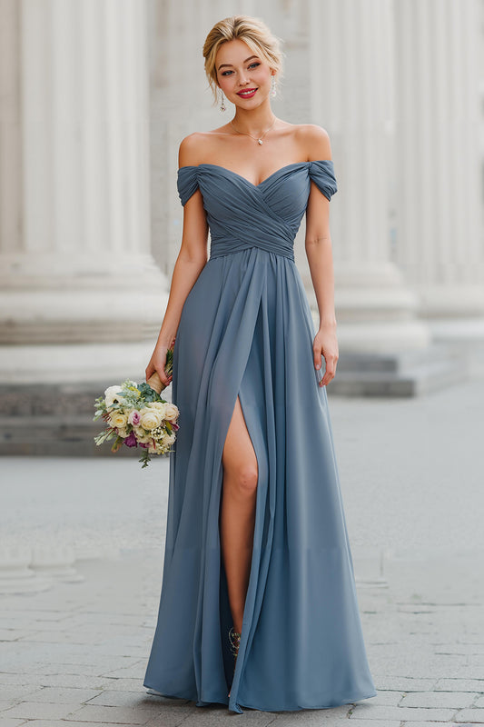 Twilight Blue Off the Shoulder Chiffon A-Line Long Bridesmaid Dress with Slit