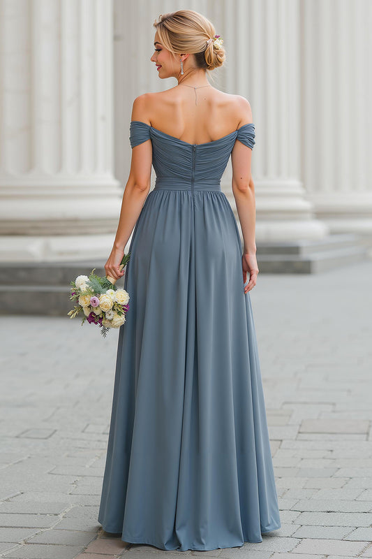 Twilight Blue Off the Shoulder Chiffon A-Line Long Bridesmaid Dress with Slit