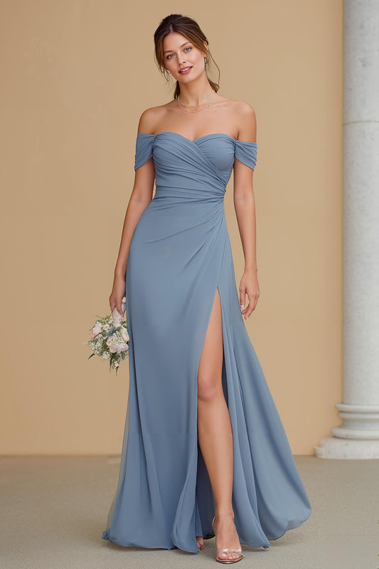 Twilight Blue Chiffon Off the Shoulder A-Line Long Bridesmaid Dress with Slit