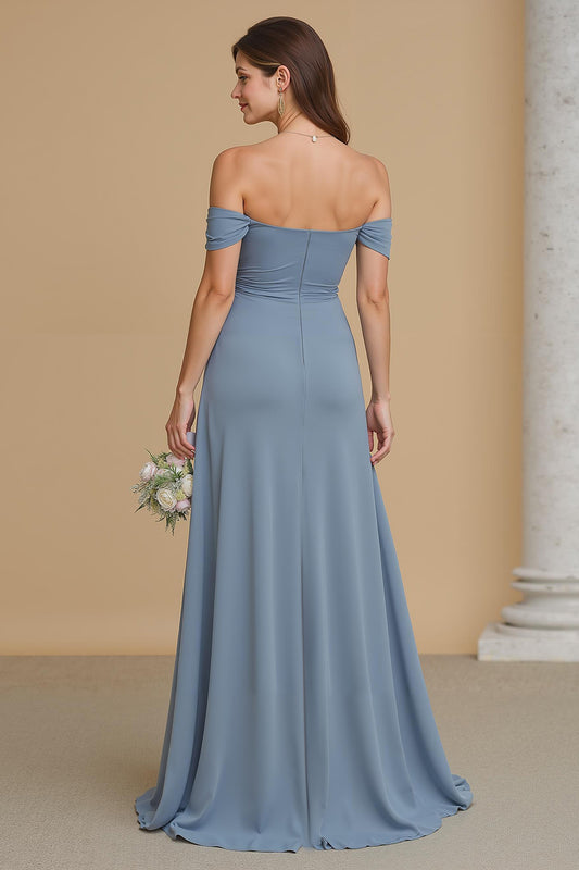 Twilight Blue Chiffon Off the Shoulder A-Line Long Bridesmaid Dress with Slit