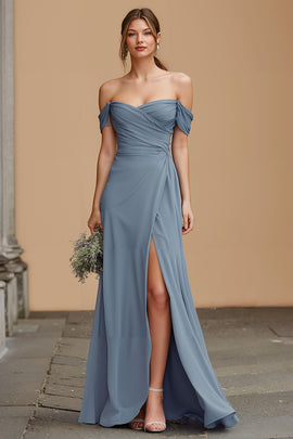 Twilight Blue Off the Shoulder A-Line Chiffon Long Bridesmaid Dress with Slit