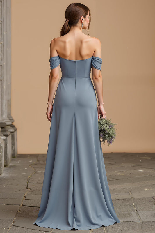 Twilight Blue Off the Shoulder A-Line Chiffon Long Bridesmaid Dress with Slit