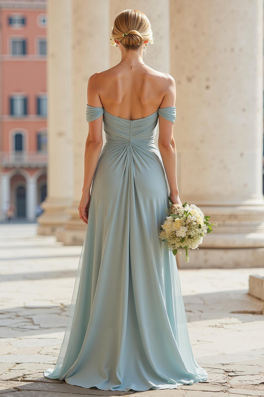 Grey Blue Off the Shoulder A-Line Chiffon Long Bridesmaid Dress with Slit