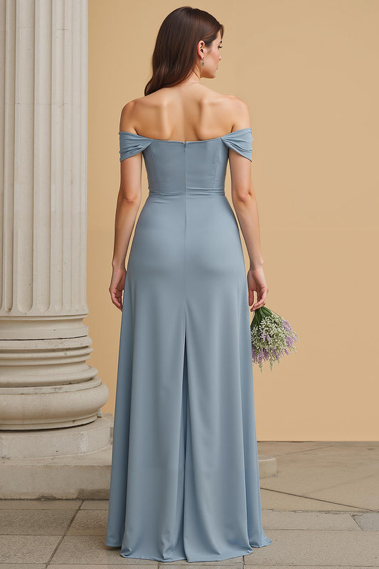 Dusty Blue Off the Shoulder Chiffon A-Line Long Bridesmaid Dress with Slit