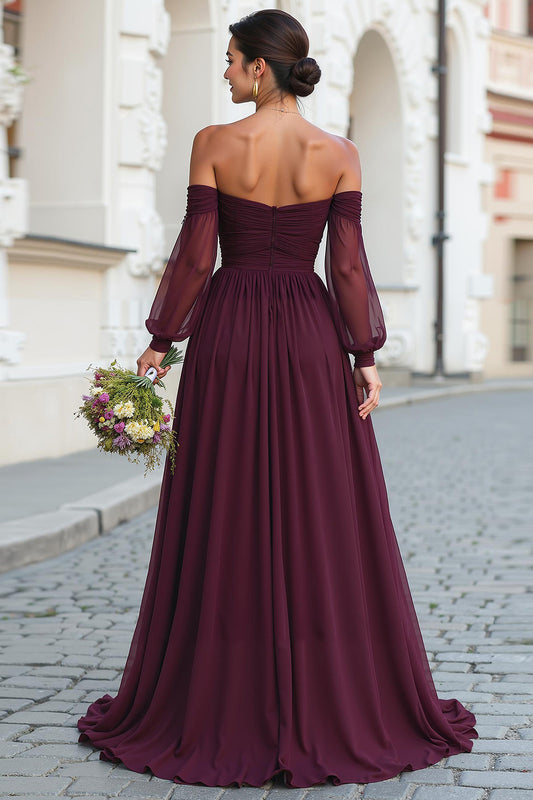 Cabernet Off the Shoulder Chiffon A-Line Long Bridesmaid Dress with Sleeves