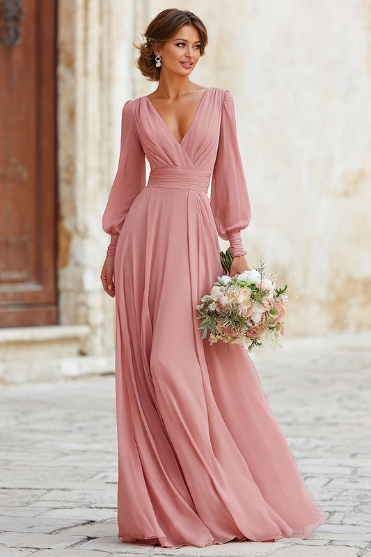 Dusty Rose V-Neck Chiffon A-Line Long Bridesmaid Dress with Sleeves