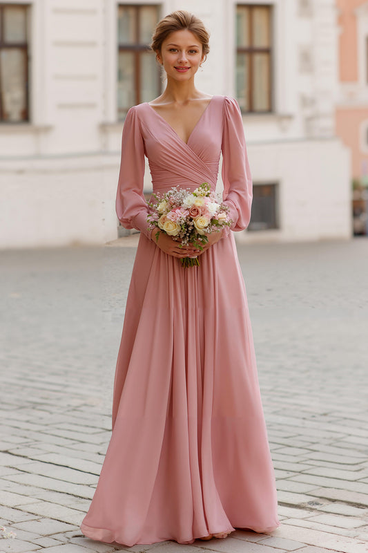 Dusty Rose Chiffon V-Neck A-Line Long Bridesmaid Dress with Sleeves