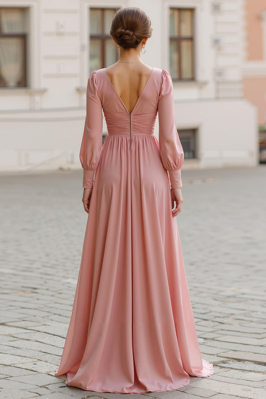 Dusty Rose Chiffon V-Neck A-Line Long Bridesmaid Dress with Sleeves