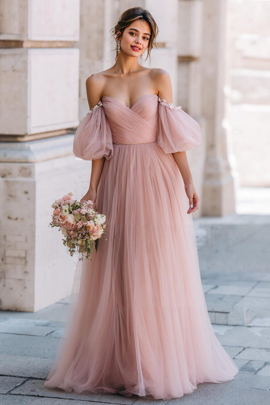 Dusty Rose Off the Shoulder Tulle A-Line Long Bridesmaid Dress with Sleeves