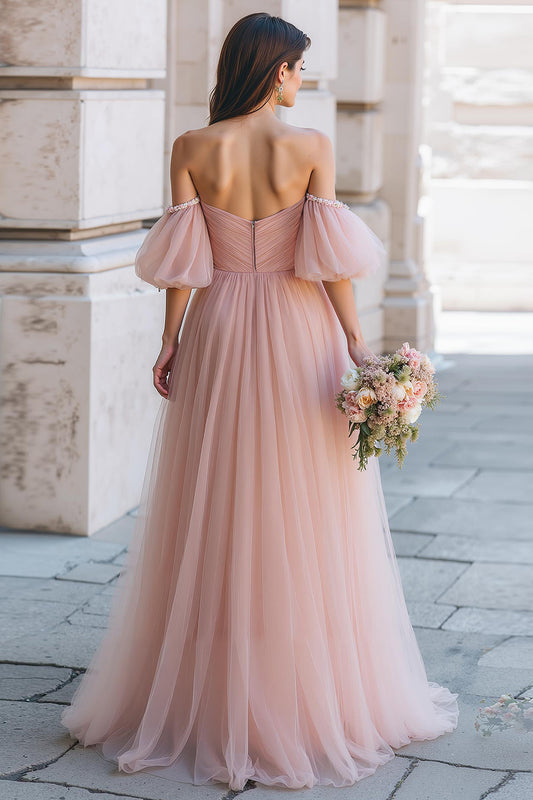 Dusty Rose Off the Shoulder Tulle A-Line Long Bridesmaid Dress with Sleeves