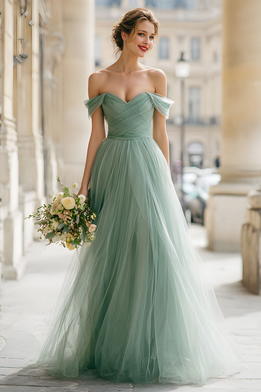 Eucalyptus Green Off the Shoulder Tulle A-Line Long Bridesmaid Dress