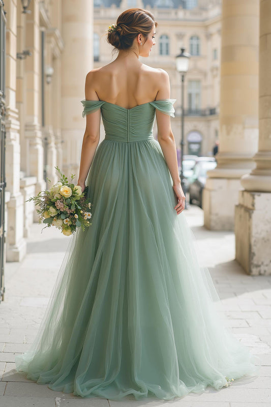 Eucalyptus Green Off the Shoulder Tulle A-Line Long Bridesmaid Dress