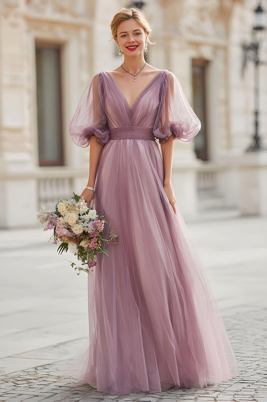 Vintage Mauve Tulle A-Line V-Neck Long Bridesmaid Dress with Sleeves