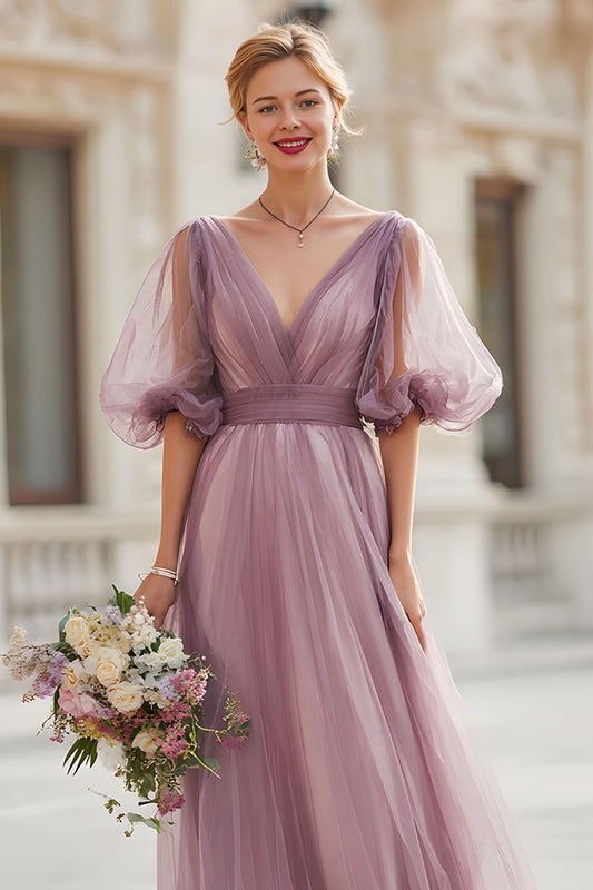 Vintage Mauve Tulle A-Line V-Neck Long Bridesmaid Dress with Sleeves