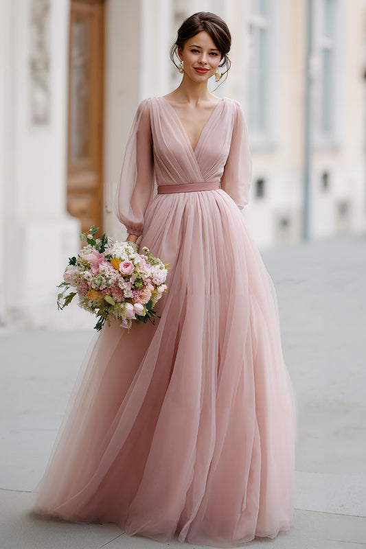 Dusty Rose V-Neck Tulle A-Line Long Bridesmaid Dress with Sleeves