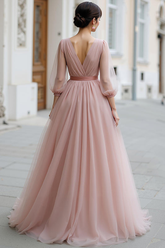 Dusty Rose V-Neck Tulle A-Line Long Bridesmaid Dress with Sleeves