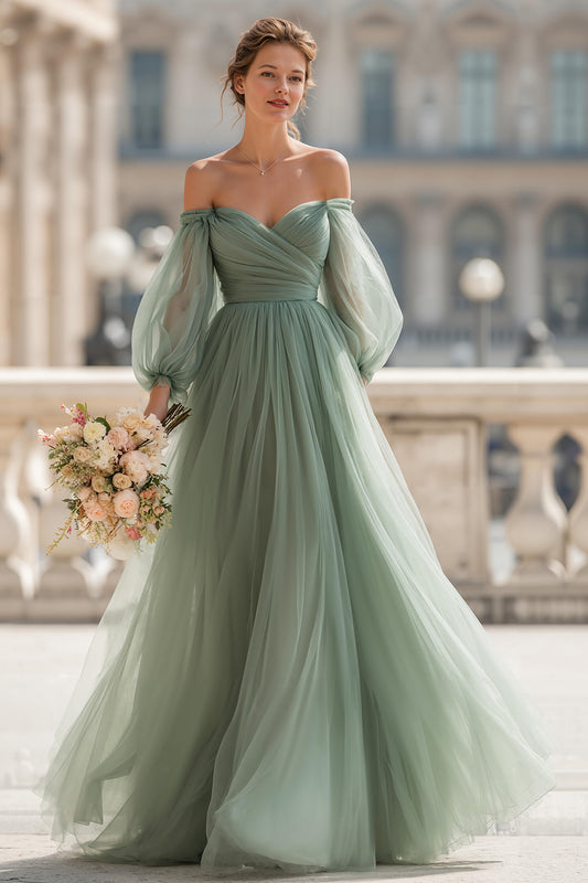 Eucalyptus Green Off the Shoulder Tulle A-Line Long Bridesmaid Dress with Sleeves