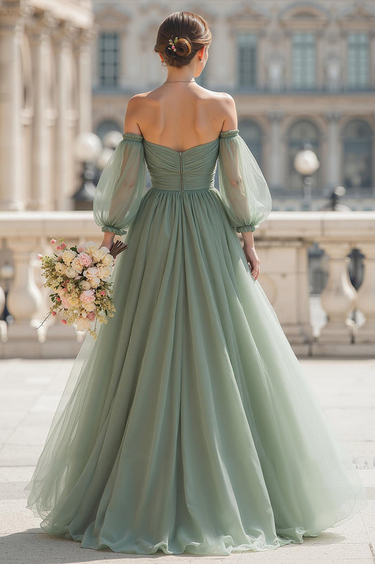 Eucalyptus Green Off the Shoulder Tulle A-Line Long Bridesmaid Dress with Sleeves