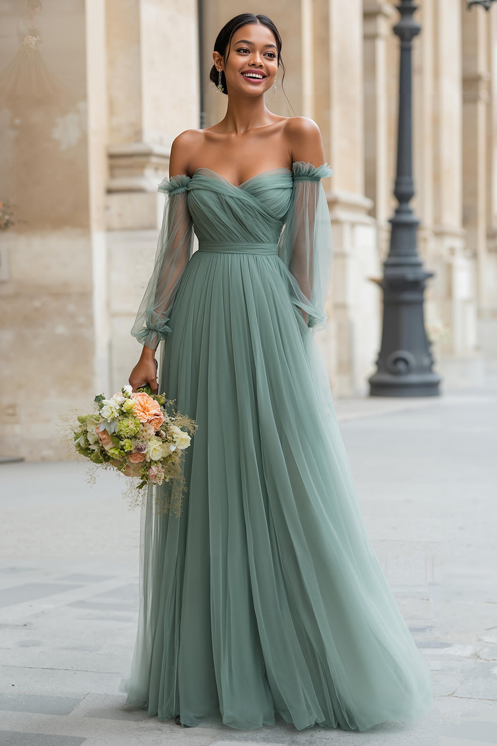 Zapakasa Women Eucalyptus Green Tulle A-Line Long Bridesmaid Dress Off the Shoulder Long Sleeves Wedding Guest Dress Zapakasa Women Eucalyptus Green Tulle A-Line Long Bridesmaid Dress Off the Shoulder Long Sleeves Wedding Guest Dress