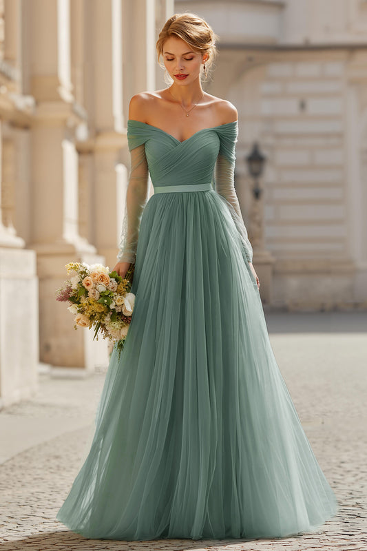 Eucalyptus Off the Shoulder Tulle A-Line Long Bridesmaid Dress
