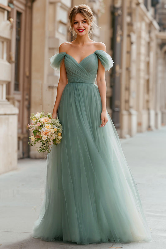 Eucalyptus Green Tulle A-Line Off the Shoulder Long Bridesmaid Dress