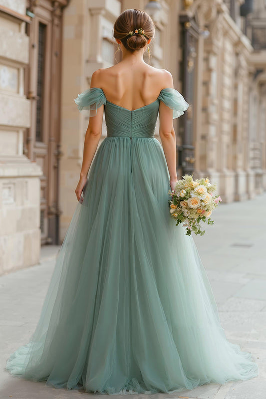 Eucalyptus Green Tulle A-Line Off the Shoulder Long Bridesmaid Dress
