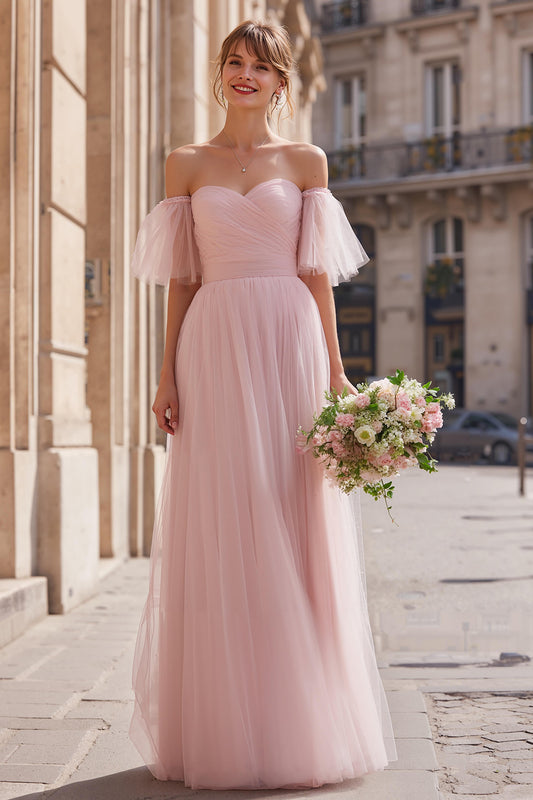 Blush Pink Tulle A-Line Off the Shoulder Long Bridesmaid Dress with Sleeves