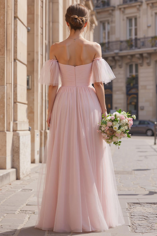 Blush Pink Tulle A-Line Off the Shoulder Long Bridesmaid Dress with Sleeves