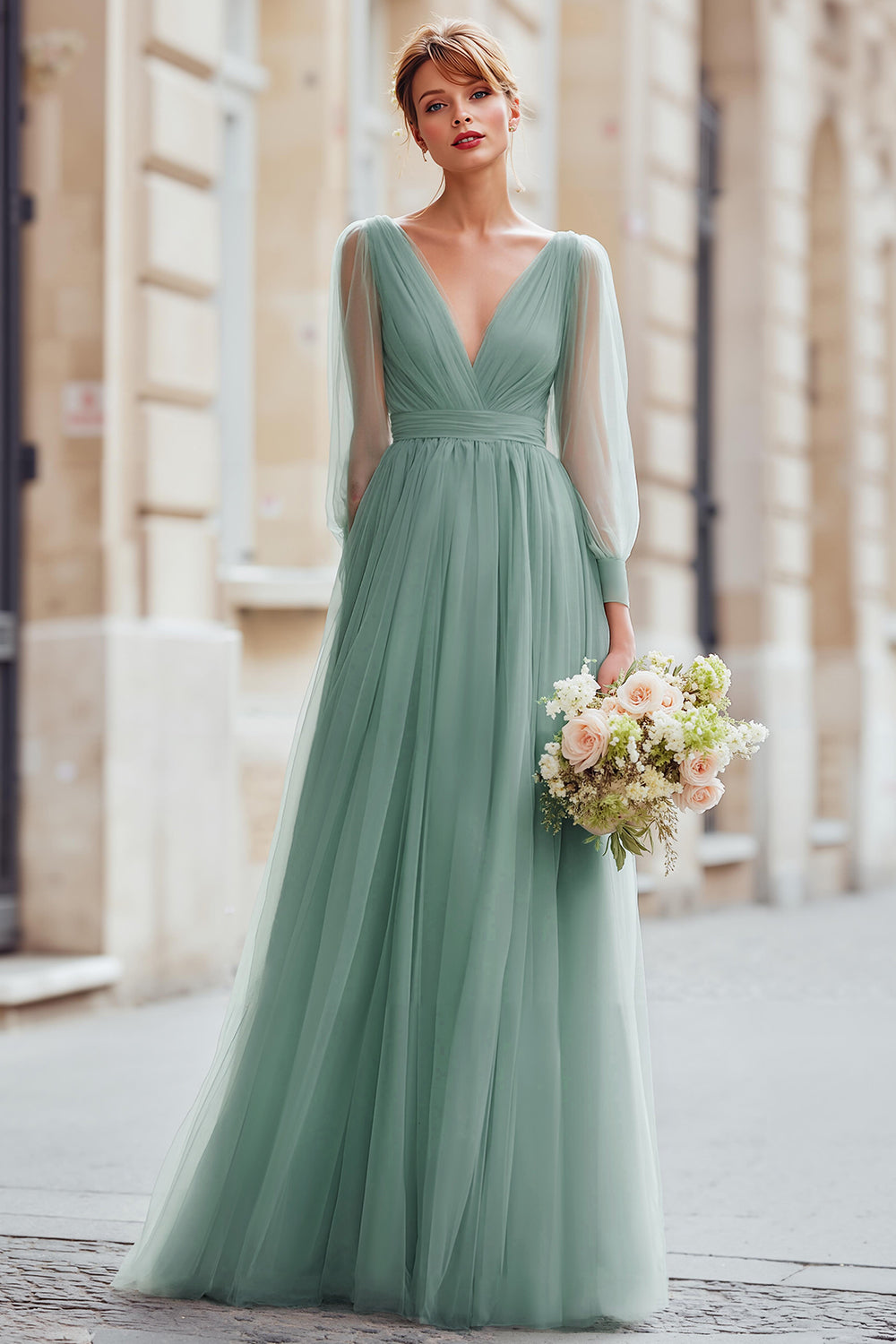 Zapaka Women Eucalyptus A Line V-Neck Bridesmaid Dress Long Sleeves Maxi Wedding Guest Dress, Eucalyptus / US8 Zapaka Women Eucalyptus A Line V-Neck Bridesmaid Dress Long Sleeves Maxi Wedding Guest Dress, Eucalyptus / US8