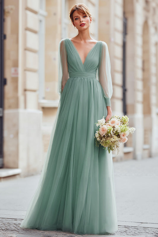 Eucalyptus Green Tulle A-Line V-Neck Long Bridesmaid Dress with Sleeves