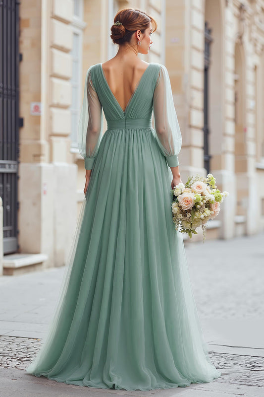 Eucalyptus Green Tulle A-Line V-Neck Long Bridesmaid Dress with Sleeves