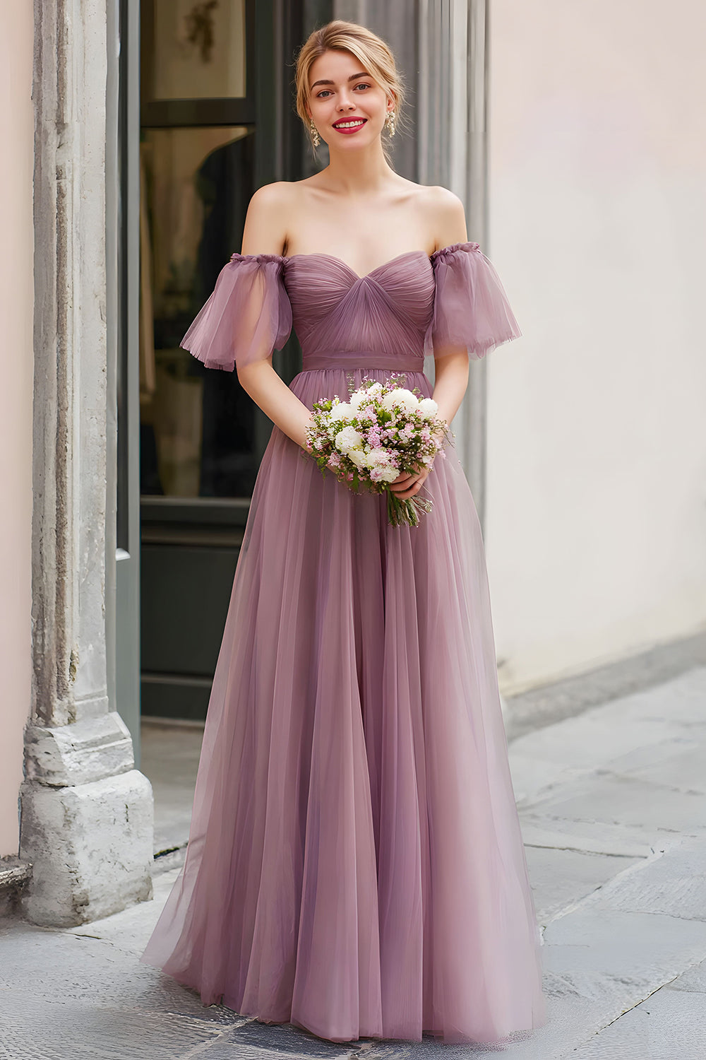 Zapakasa Women Vintage Mauve Tulle A-Line Long Bridesmaid Dress Purple Off the Shoulder Wedding Guest Dress with Sleeves Zapakasa Women Vintage Mauve Tulle A-Line Long Bridesmaid Dress Purple Off the Shoulder Wedding Guest Dress with Sleeves