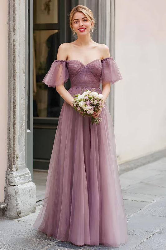 Vintage Mauve Off the Shoulder Tulle A-Line Long Bridesmaid Dress with Sleeves