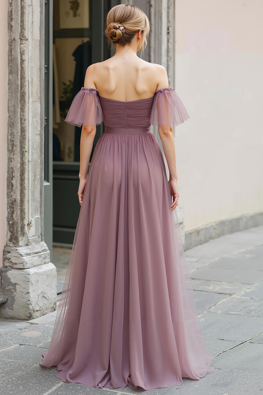 Vintage Mauve Off the Shoulder Tulle A-Line Long Bridesmaid Dress with Sleeves