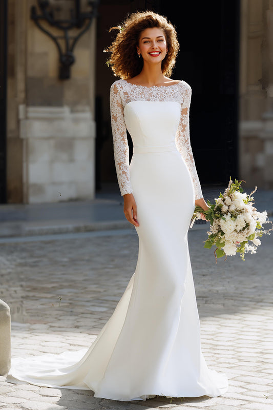 White Chiffon Sweep Train Mermaid Wedding Dress with Sleeves