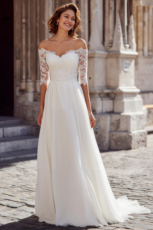 White A-Line Off the Shoulder Chiffon Wedding Dress with Sleeves