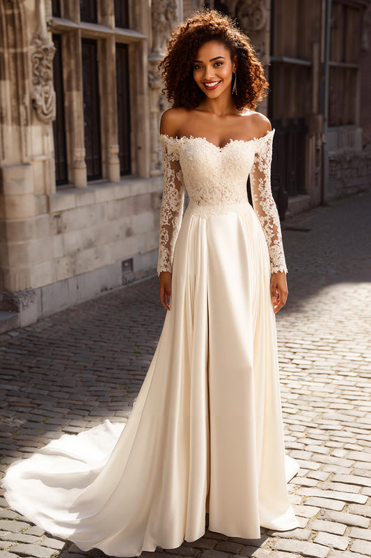 Ivory Satin Off the Shoulder Long Sleeves A-Line Wedding Dress