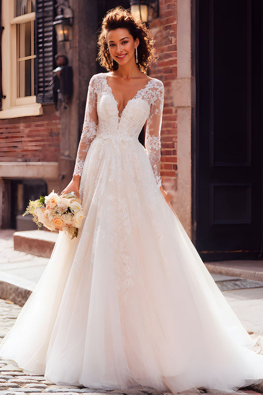 Ivory Tulle V-Neck Princess Long Sleeves Wedding Dress with Appliques